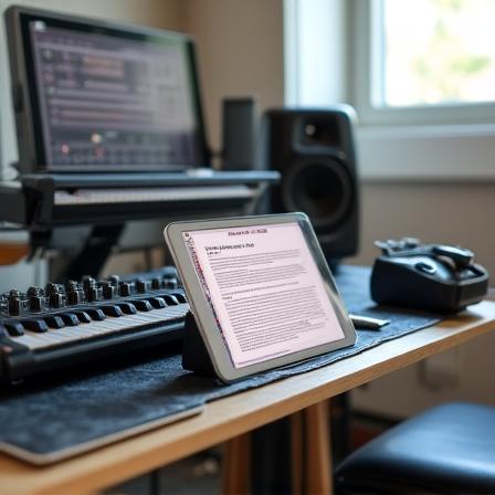 A sleek modern desk with music gear and legal documents