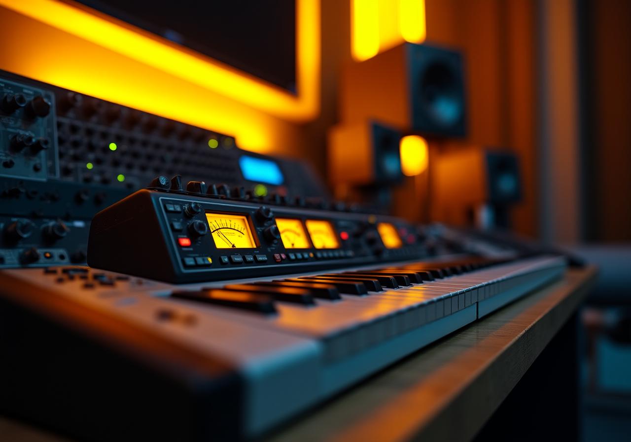 Professional recording studio with neon lighting